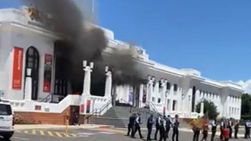 Old Parliament House on fire in Canberra.