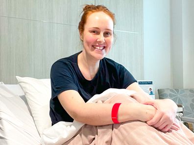 Skin cancer survivor Courtney Mangan in hospital.