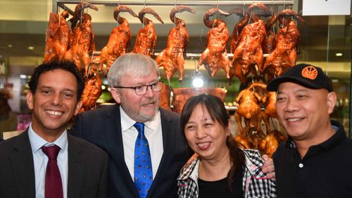 Former Prime Minister Kevin Rudd campaigning in the Sydney suburb of Hurstville.