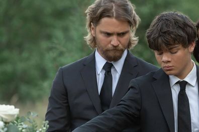 Yellowstone Season 5 Part 2 finale Brecken Merrill Tate, Kayce and Monica Dutton at John's funeral 