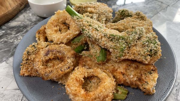 Tempura battered air-fried veggies with crisp panko crumb