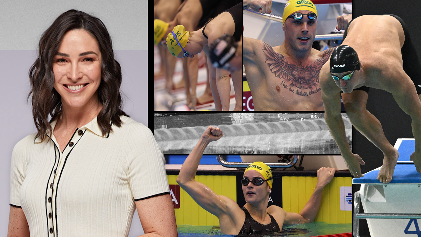 Australian swimming great Giaan Rooney (left) and some of the country&#x27;s genuine gold medal prospects ahead of the Paris Olympics.