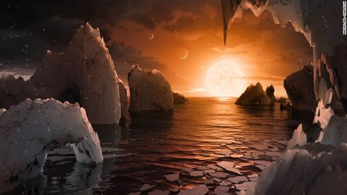 Artist's concept image of the surface of the exoplanet TRAPPIST-1f. One of the seven exoplanets discovered orbiting the ultracool dwarf star TRAPPIST-1, this one may be the most suitable for life.