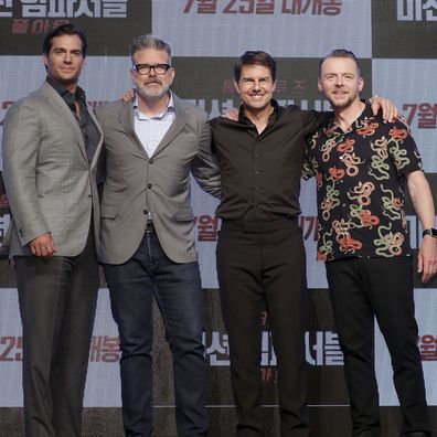 Henry Cavill, Christopher McQuarrie, Tom Cruise and Simon Pegg attend the Mission: Impossible - Fallout Korea Press Conference and Photo Call at Lotte Hotel Seoul on July 16, 2018 in Seoul.