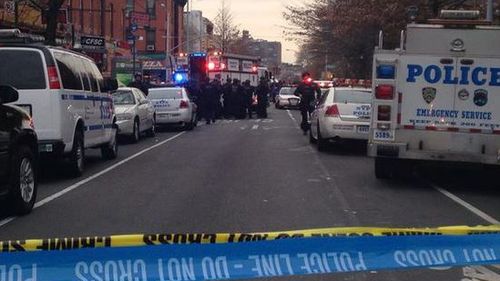 Emergency services on the scene of a police shooting in Brooklyn, New York. (Twitter)