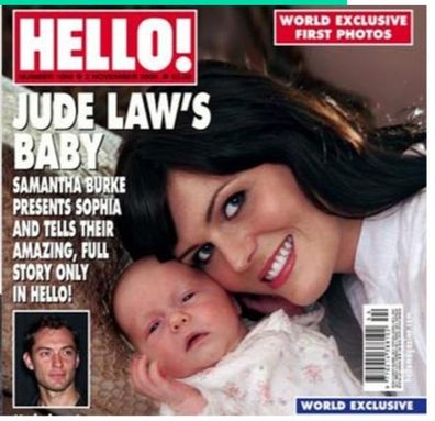 Nine's image from Hello! announcing the birth of Jude Law's daughter Sophia with Samantha Burke.  
