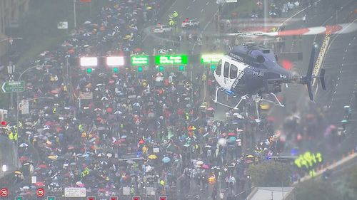 Aerial shot of Sydney Harbour Bridge during pro-Palestine protest