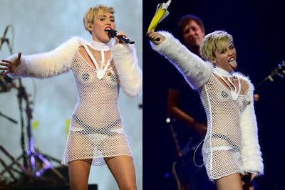 September 20-21: You wouldn't pick a Miley breakdown only a few hours earlier, would you? Back to her twerking ways, the starlet stepped out on stage for her second performance of the night in nipple pasties and panties. Oh, and a mesh coverup. <br/><br/>Singing into a faux banana microphone, Cyrus slapped a little person's butt, stuck out her tongue and grabbed herself while singing. <br/>