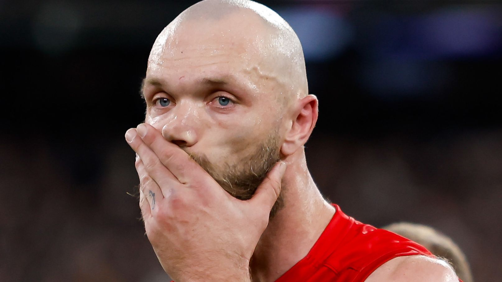 MELBOURNE, AUSTRALIA - SEPTEMBER 15: Max Gawn of the Demons looks dejected after a loss  during the 2023 AFL First Semi Final match between the Melbourne Demons and the Carlton Blues at Melbourne Cricket Ground on September 15, 2023 in Melbourne, Australia. (Photo by Dylan Burns/AFL Photos via Getty Images)