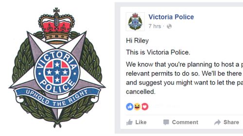 'Hi Riley, this is Victoria Police': Cops post warning to Melbourne party host's Facebook page