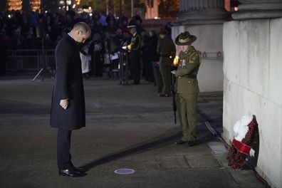 Prince William lays a wreath at the dawn service in commemoration for Anzac Day at the Australia Memorial at Hyde Park Corner in London, Tuesday April 25, 2023.