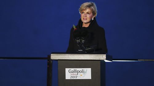 Julie Bishop delivers her address in Gallipoli. (AAP)