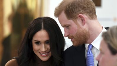 Britain's Prince Harry and Meghan, Duchess of Sussex smile during their visit to Canada House in thanks for the warm Canadian hospitality and support they received during their recent stay in Canada, in London, Tuesday, Jan. 7, 2020.