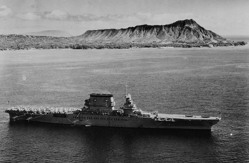 The USS Lexington off Honolulu, Hawaii with Diamond Head in the background on February 2, 1933. (Supplied)