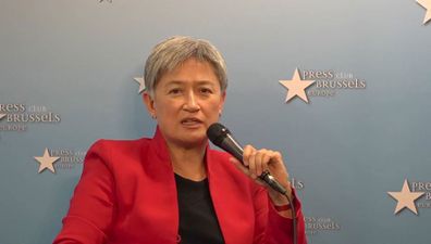 Senator Penny Wong called out some gender inequality at a press conference hosted by the Brussels Press Club on Tuesday, with the Australian Foreign Minister taking Labor's one-man, one-woman approach to a world scale.