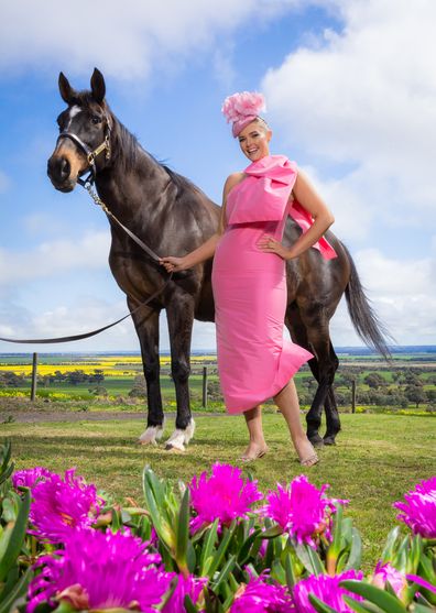 New York based Australian model  Georgina Burke announced as Melbourne Cup carnival ambassador, with legendary horse Makybe Diva on her 20th anniversary of her first Melbourne Cup win 2003. Photographed at Makybe Stud Gnarwarre. 