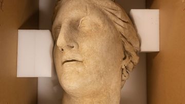 The Marble Head of Athena is shown at a news conference and repatriation ceremony, announcing the return of stolen antiquities to Italy.