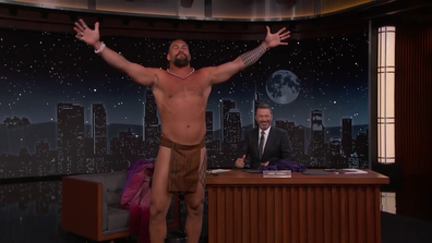 Jason Momoa strips down to traditional Hawaiian Malo on Jimmy Kimmel Live.