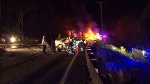 Police were called to the intersection of the Great Western Highway and Explorers Rd at Katoomba just after 11.30pm yesterday after reports a semi-trailer had crashed with a car and caught alight.