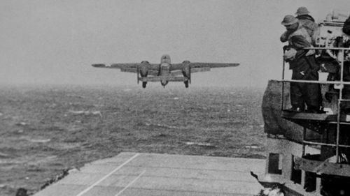 A US bomber takes off from the flight deck of the USS Hornet in the famous Doolittle Raid against Japan.