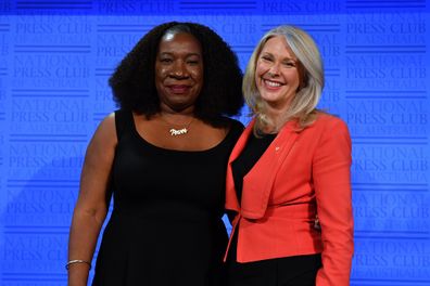 Tarana Burke and Tracey Spicer at the National Press Club in Canberra.