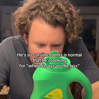 Woman shocked by boyfriend's habit of throwing laundry detergent bottle cap in the washing machine.