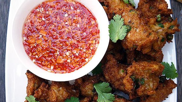 Hawker-style Thai fish cakes with dipping sauce