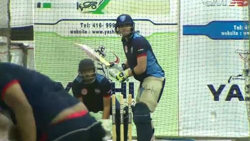 Steve Smith batting in the nets ahead of the Global T20. Picture: 9NEWS