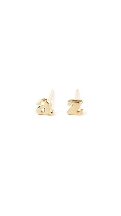 <p><a href="https://catbirdnyc.com/shop/product.php?productid=17039" target="_blank">Alphabet Earrings, approx. $60 each, Catbird Jewelry</a></p>