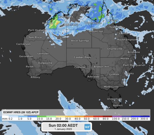 Three-hour rainfall forecast over midnight on New Year's Eve.