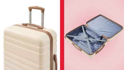 5-piece beige suitcase set Kmart, close up, suitcase open