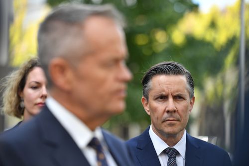 Leader of the Opposition Bill Shorten and Shadow Minister for Climate Mark Butler launch Labor's Climate Change Action Plan at the Actewagl Electric Car Charging Station in Canberra, Monday, April 1, 2019. (AAP Image/Mick Tsikas) 