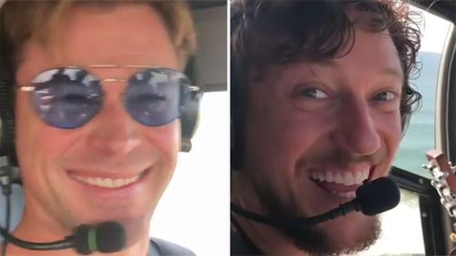 In a video posted to his Instagram account, Hemsworth and the excited traveller fly over the ocean on their way to the popular location.