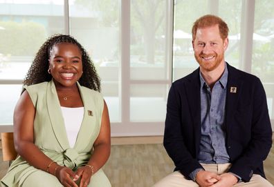 Prince Harry and Vee Kathivu speaking for the 2023 Diana Awards