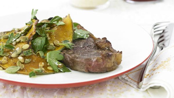 Sirloin steak with roasted pumpkin