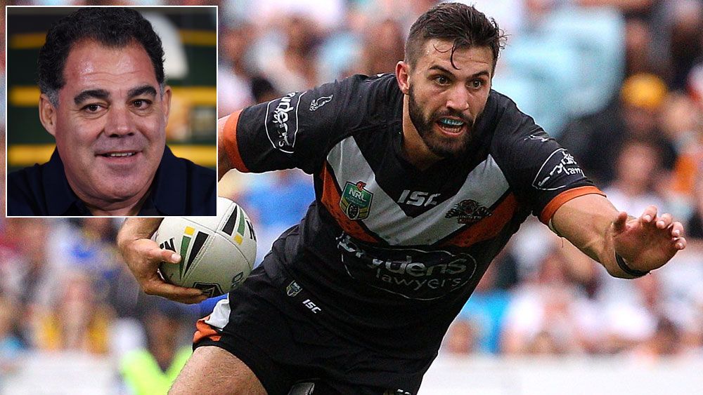 James Tedesco in action for the Tigers and (inset) Mal Meninga. (Getty and AAP)