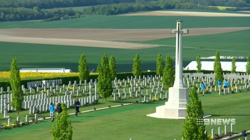 Corporal Albert Davy, Sappers Arthur Johnson and Charles Barrett are the only Diggers in a cemetery of British soldiers and French locals lie. (9NEWS)