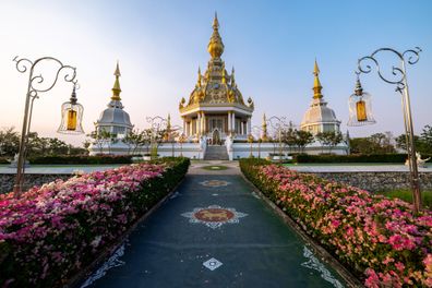 Shrine in the middle of the pond, Thung Setthi Temple, beautiful and famous temple, Khon Kaen, Thailand, March 6, 2022.