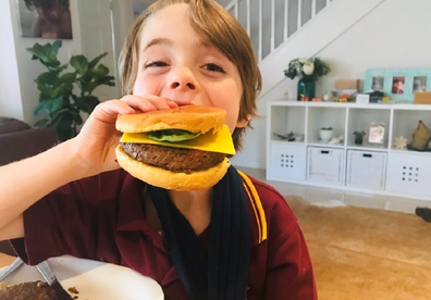 Her son Ernie happily tried a vegan burger.