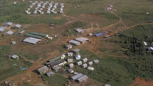 Peoples Temple compound, mass suicide cult led by Jim Jones, after bodies were removed at Jonestown, Guyana in 1978.