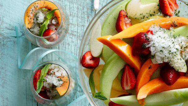 Champagne fruit salad with mint lime granita