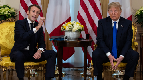 Donald Trump, pictured above with Emmanuel Macron, is currently in London attending a NATO summit.