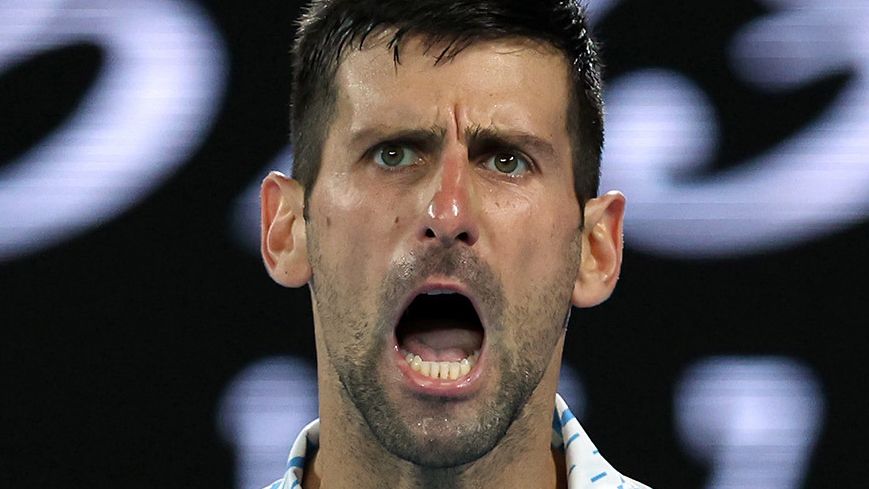 Novak Djokovic reacts during the Australian Open final against Stefanos Tsitsipas.