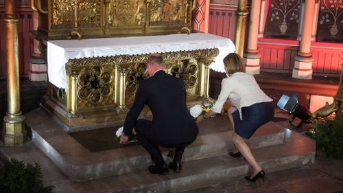 The Duke of Cambridge and Florence Parly, France's Minister to the Armed Forces, lay wreaths in the Chapel of the Allies at Amiens Cathedral. Picture: AAP