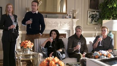 This image released by HBO shows, from left, Sarah Snook, Matthew Macfadyen, Hiam Abbass, Alan Ruck, and J. Smith-Cameron in a scene from "Succession."