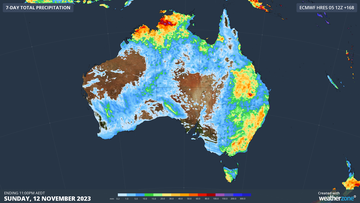 Although not all parts of the country will have rain, this Weatherzone map shows most of the country will have showers or thunderstorms over the next week, from Sunday November 12.