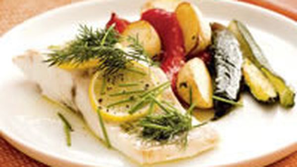 Herb fish parcels with roasted vegetables