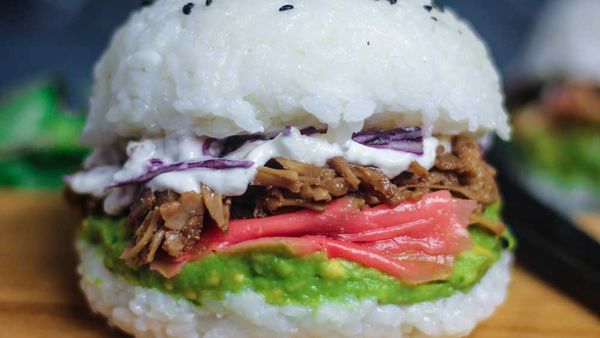 Sam Murphy's vegan sushi burger with shredded teriyaki 'chicken'