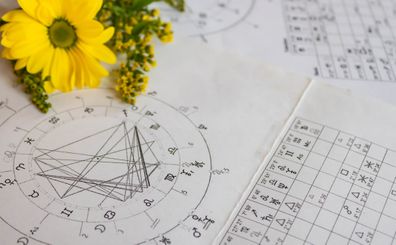 Printed astrology charts with yellow flowers in the background