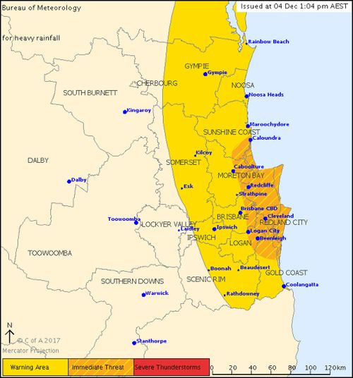 The thunderstorm warning covers a broad region of south-east Queensland. (BOM)